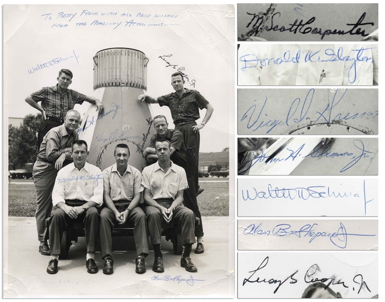 Mercury 7 Signed 11'' x 14'' Photo -- Signed by All 7 Posing in Front of the Mercury 7 Capsule